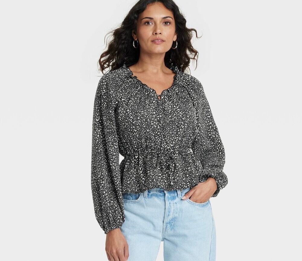 Universal Thread Blouse Peplum NWT Size XXL Black Cream Print Top 2X Long Sleeve